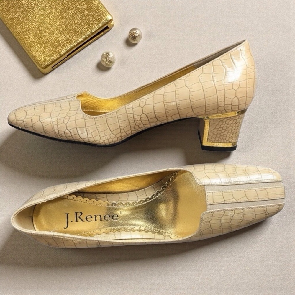 J.Renee GUSTINE Block Heel Croc Embossed Slip On Pumps